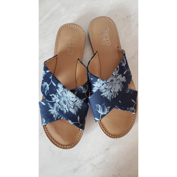 Franco Sarto Blue Denim Floral Criss-Cross Strap Quentin Slide 9 m EUC - Picture 7 of 9